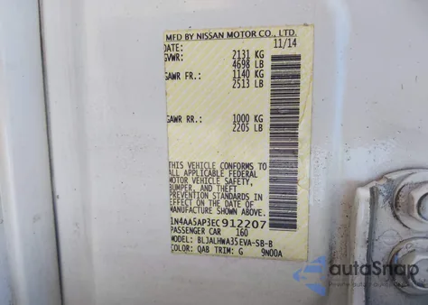 2014 Nissan Maxima 3.5 Sv из США, поврежденный, VIN 1N4AA5AP3EC912207